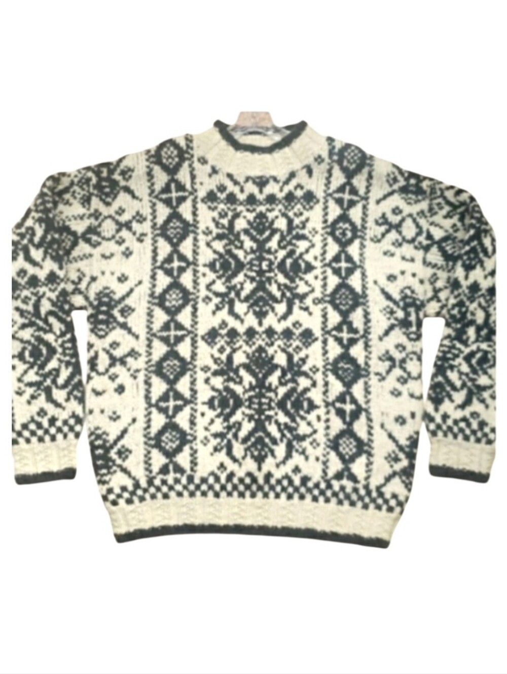Vtg Club Room Knitted by Hand 100% Wool Sweater Cream Charcoal Patterned Heavy